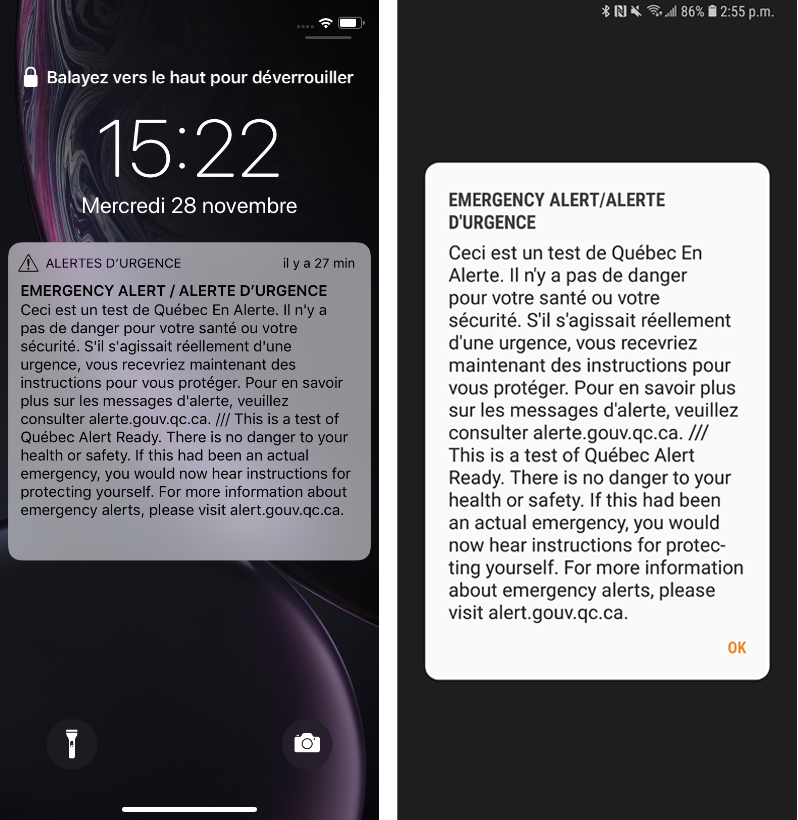 Voici à quoi ressemble l'alerte sur iPhone et Android Alertes urgences iPhone Android CRTC Canada