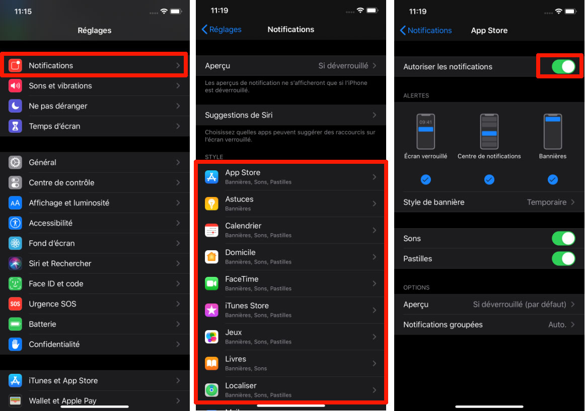 iPhone Gestion notifications 