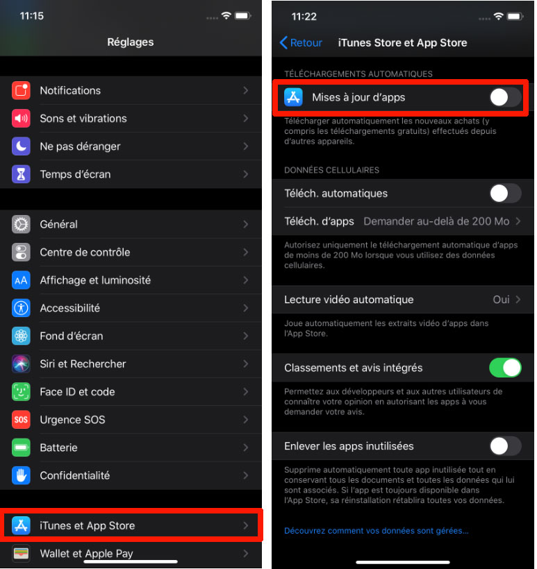 iPhone mise &agrave; jour automatique App Store