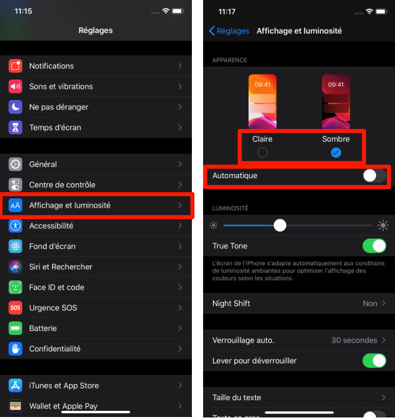 iPhone iOS 13 Th&egrave;me Sombre