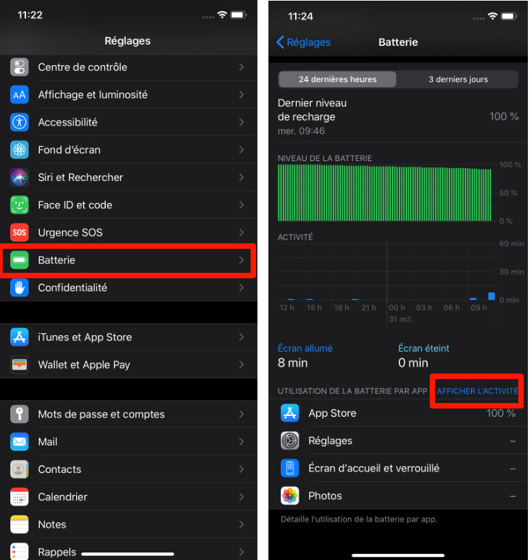 Afficher activit&eacute; application iPhone batterie