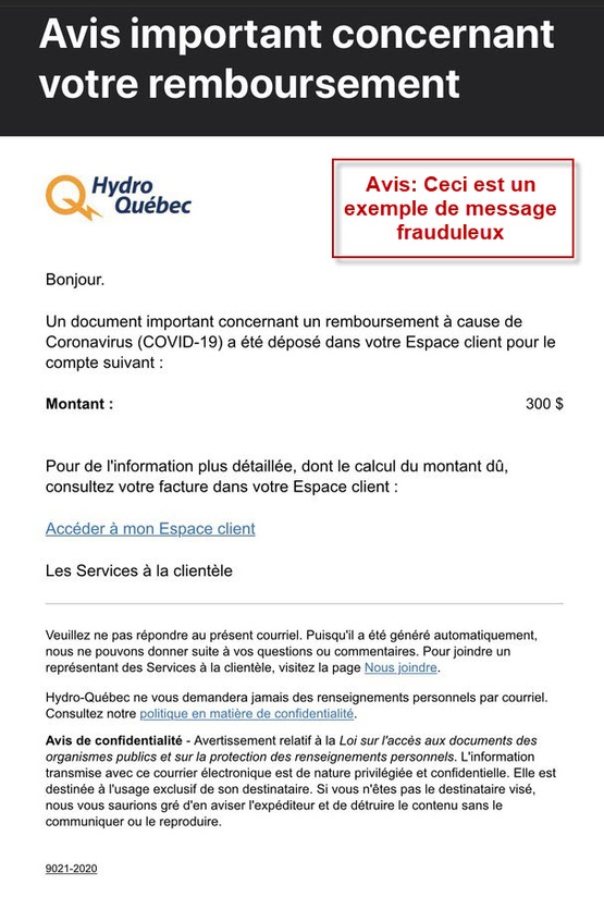 Courriel remboursement 300$ Hydro-Qu&eacute;bec Covid-19