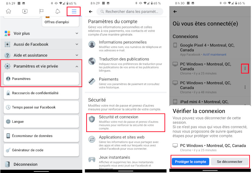 Facebook connexion s&eacute;curit&eacute; mobile ocmpte