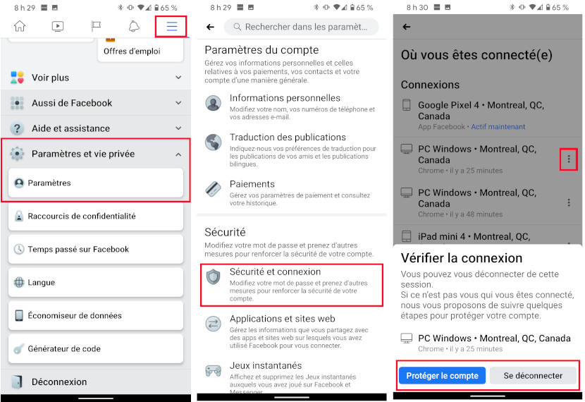 Facebook connexion sécurité mobile ocmpte