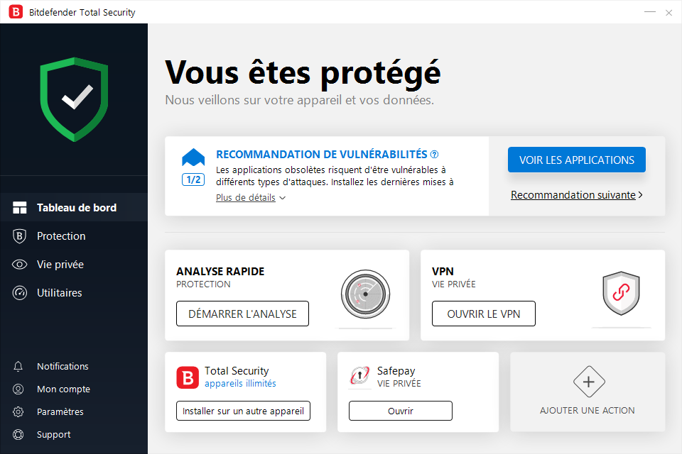 Voici l'interface de Bitdefender 2019 Bitdefender 2019 antivirus tableau de bord