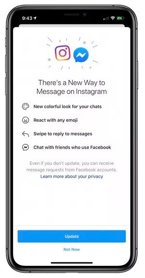 À l’ouverture d’Instagram, certains utilisateurs ont eu ce message de nouvelles fonctions de messagerie. Crédit Image: TheVerge. Instagram fusion messagerie Messenger Facebook