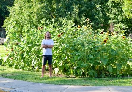 Sean Cronin devant son jardin de tournesols et d’asclépiades.