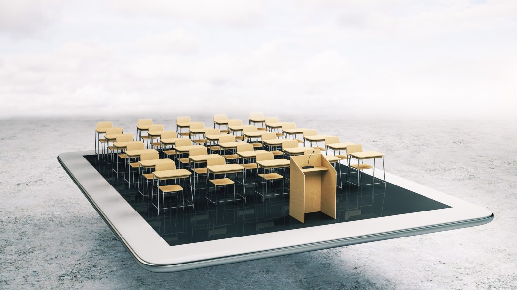 Education and webinar concept with wooden audience layout with tribune on white digital tablet. 3D Rendering