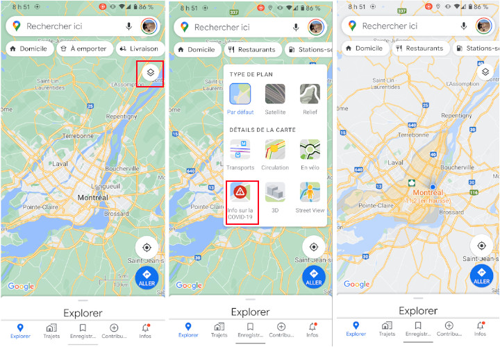 Voici comment appliquer le filtre pour la Covid-19 sur Google Maps. Google Maps Info Covid-19 cartes zones à risques coronavirus