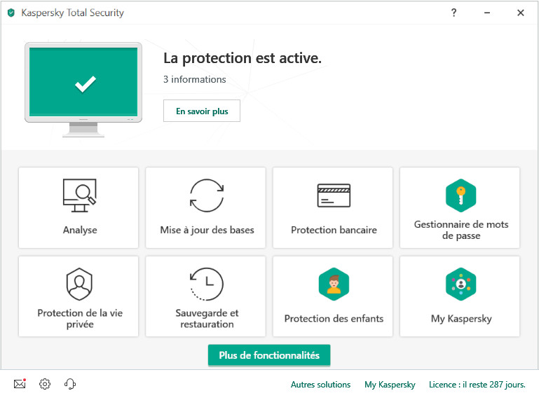 On peut exécuter une analyse rapide ou complète de notre ordinateur avec Kaspersky. Kaspersky Total Security scan antivirus ordinateur