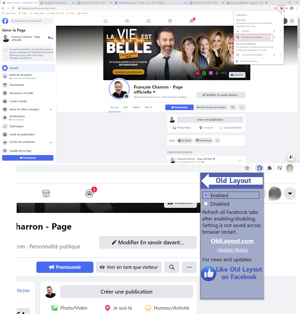 Une fois l’extension installée sur Chrome, il suffit de l’activer pour revenir à l’ancienne version. Old Layout for Facebook vieille nouvelle interface Facebook