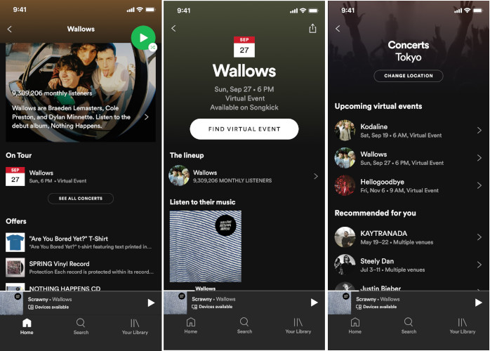 Spotify Concerts Virtuels page artistes applications mobile