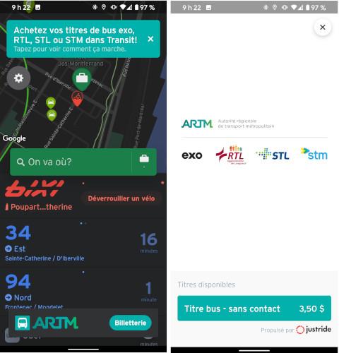 On peut se procurer un billet d’autobus via l’application Chrono ou Transit. Transit achat billet autobus sans contact