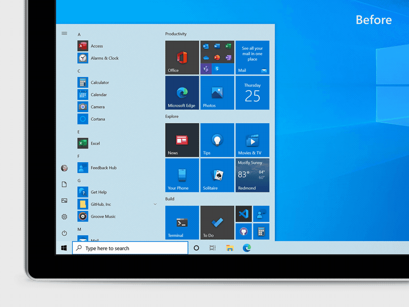 Le look du menu : Démarrer s’accordera au thème de couleur de notre Windows 10. Windows 10 20H2 menu Démarrer
