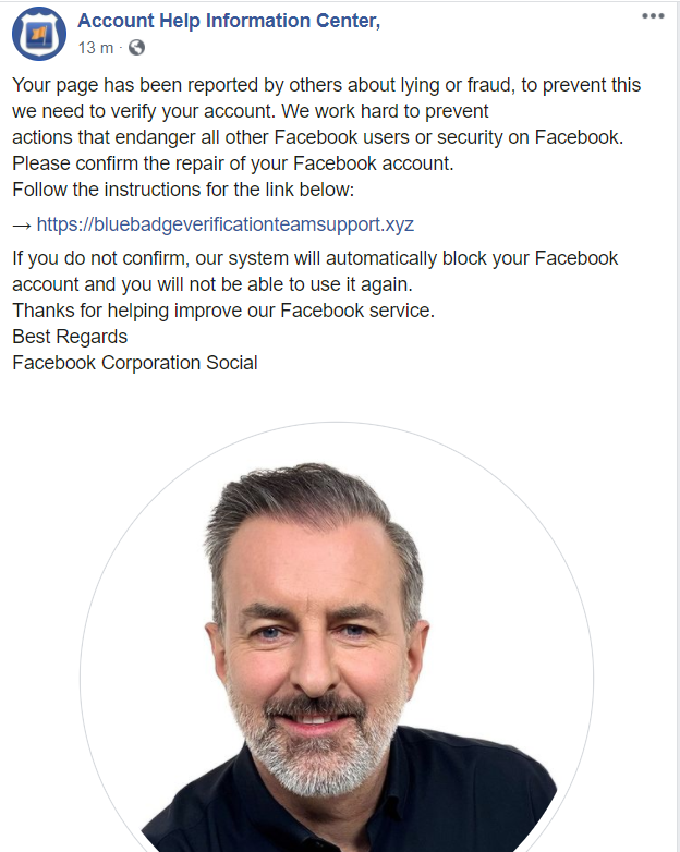 Voici un exemple de fausse alerte faite par la page Account Help Information Center. Facebook page Account Help Information Center faux signalement