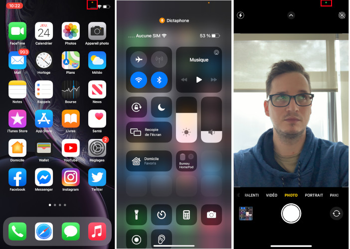 Voici à quoi ressemblent les points lumineux orange et vert sur l’iPhone et iPad. Lumière orange verte iPhone iPad micro caméra