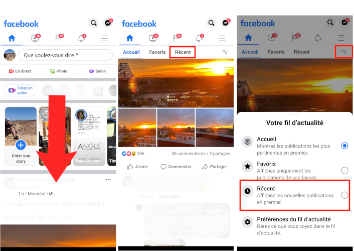 Comment voir publication r&eacute;cente fil actualit&eacute; Facebook application mobile t&eacute;l&eacute;phone intelligent