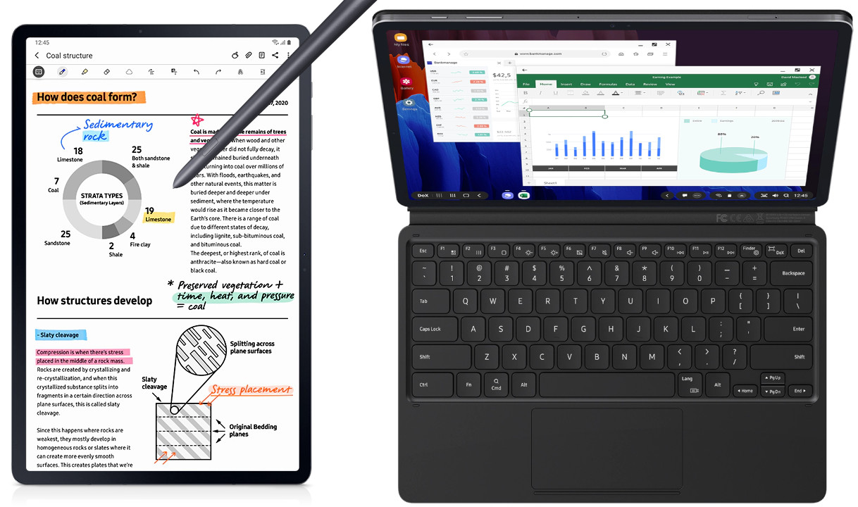 Avec son clavier, le S Pen et Samsung DeX, la Galaxy Tab S7 devient plus polyvalente. Samsung Galaxy Tab S7+ clavier S Pen DeX