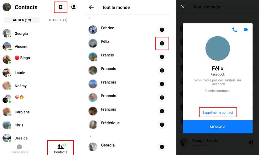 La marche à suivre pour supprimer un contacct de l'app Messenger sur Android. comment supprimer contact messenger android