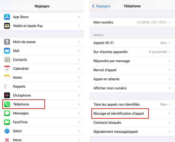La marche à suivre pour bloquer un contact enregistré. étapes 1 et 2 iOS 14