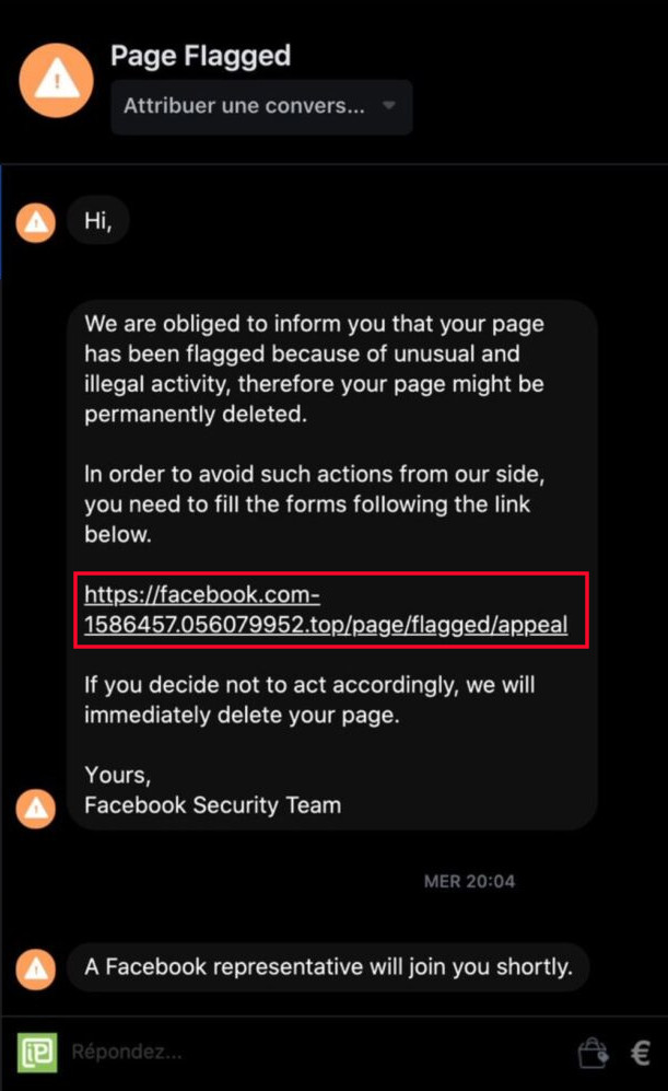 Voici le faux message de signalement et l’hyperlien qui utilise facebook.com. Crédit image: CyberGuerre. Facebook faux messages hameçonnage sous domaine Facebook