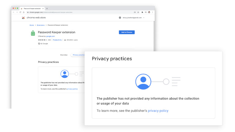 Google affichera clairement si une extension ne répond pas à ses critères de confidentialités. Google Chrome Web Store extensions confidentialité