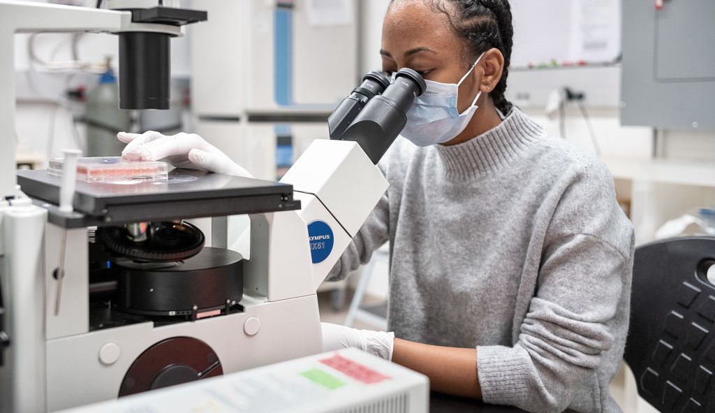 Une femme analyse un échantillon au microscope