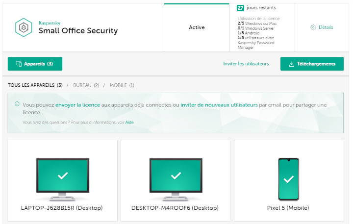 La console d’administration nous permet de voir l'ensemble des appareils que l’on protège dans l'entreprise. Kaspersky Small Office Security console administrateur