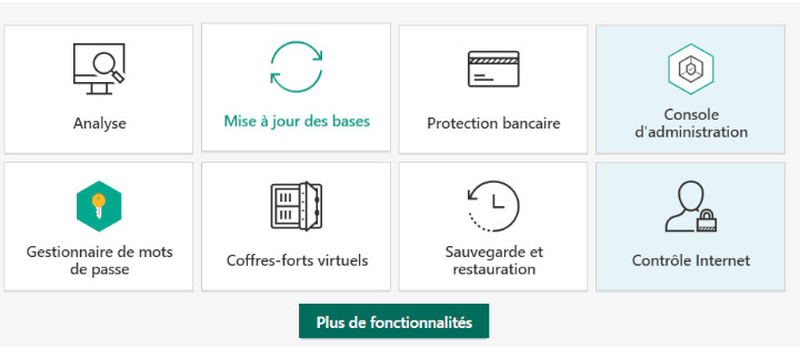 On retrouve tous les outils de Kaspersky Small Office Security dans un tableau de bord. Kaspersky Small Office Security antivirus