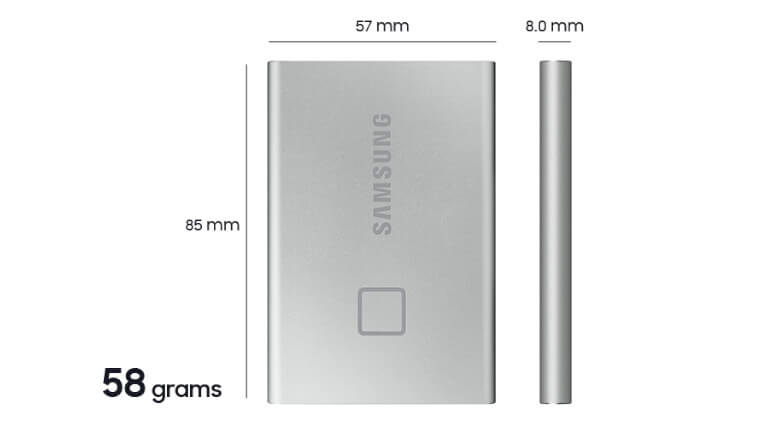 Dimensions disque dur externe Portable SSD T7 Touch Samsung