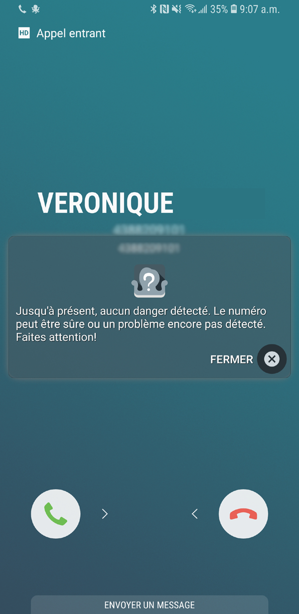 Voici un exemple de ce qui est affiché par Dois-je répondre? lorsqu’on reçoit un appel. Dois-je répondre Should I Answer avertissement appel téléphone Android iPhone