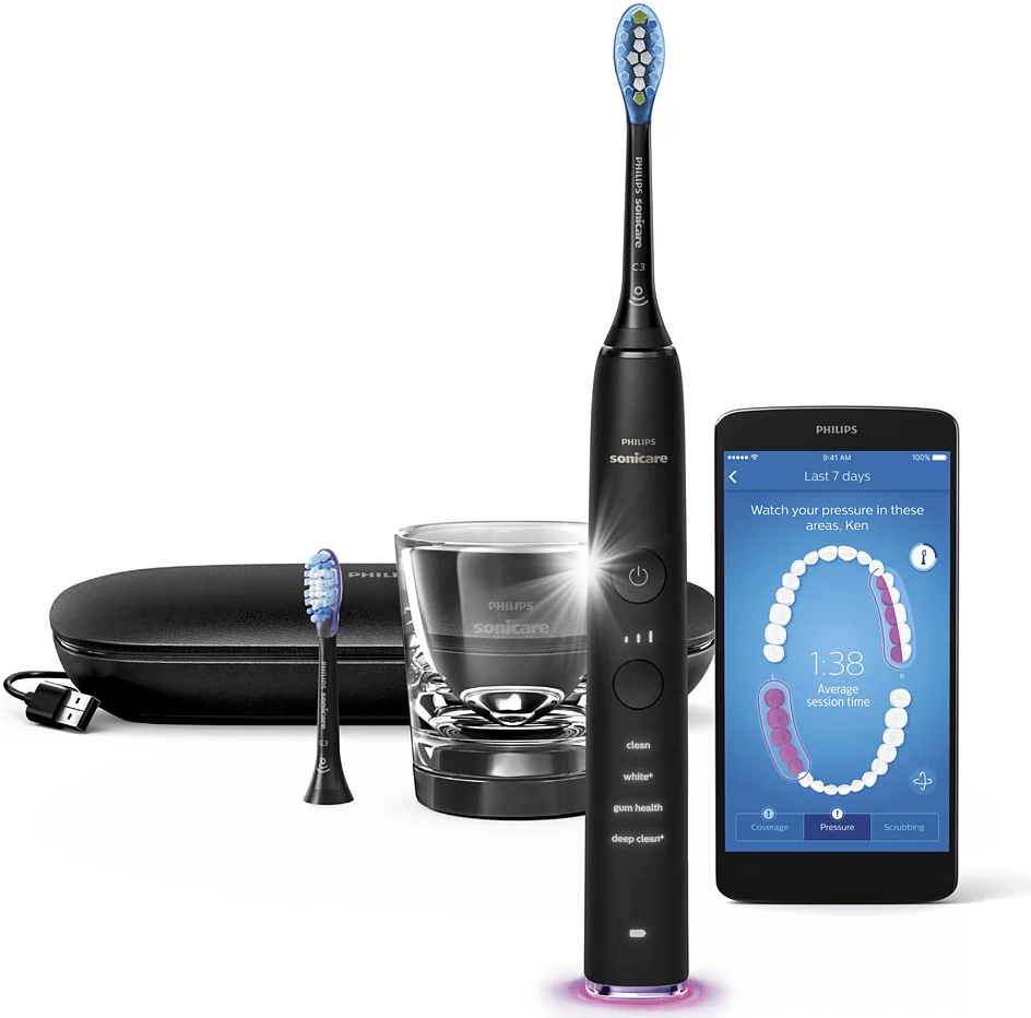 Le contenu de la boîte inclut entre autres un chargeur pour la maison et un portable. brosse à dents intelligente philips