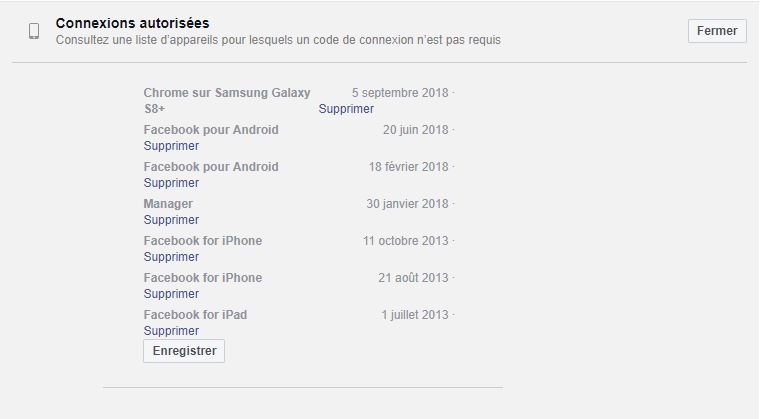 On peut voir tous les appareils autorisés à se connecter à notre compte Facebook Facebook connexions autorisés appareils