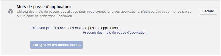 Voici à quoi ressemble l'onglet Mots de passe d'application Facebook mots de passe applications