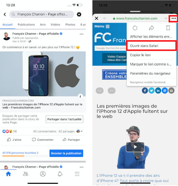 Navigateur Facebook ouvrir Safari iOS