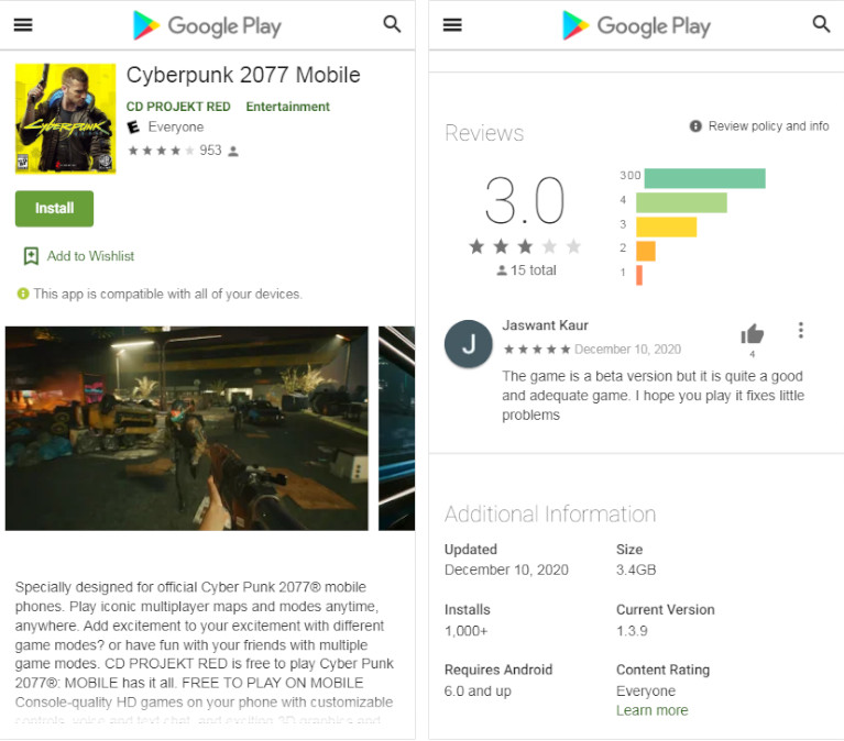 Voici à quoi ressemble la fausse page de la beta Android de Cyberpunk. Crédit photo: Kaspersky. Fausse page Cyberpunk 2077 Play Store