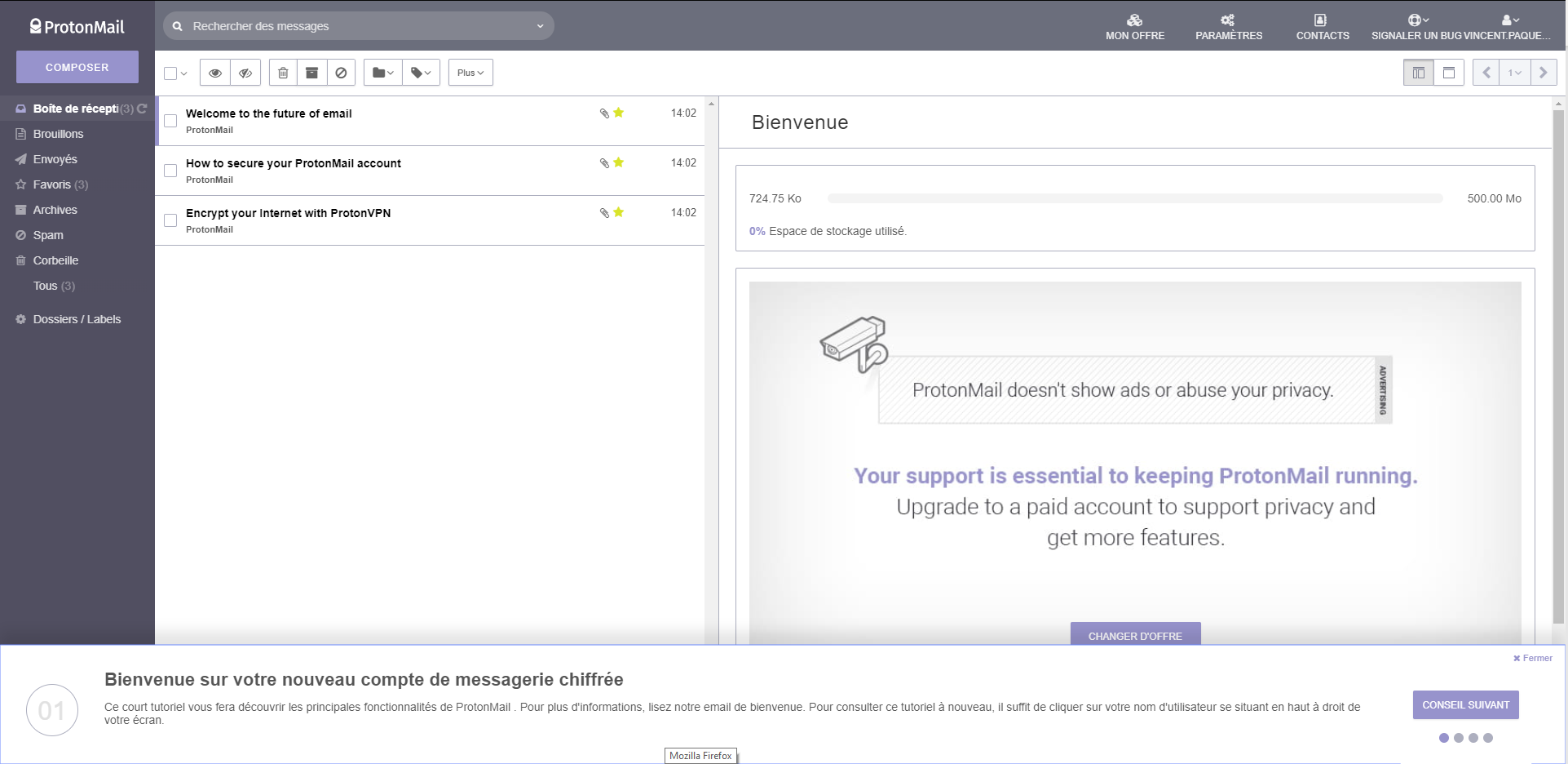 ProtonMail service courriels emails crypt&eacute; s&eacute;curit&eacute; interface