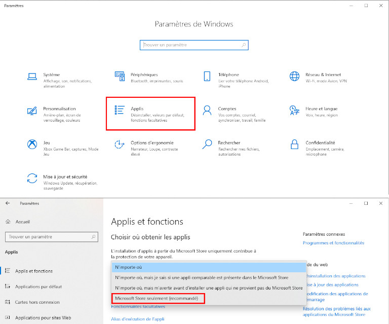 Choisir d'où obtenir les applications Windows 10