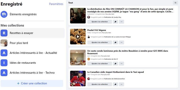 aper&ccedil;u gestion signets Facebook web
