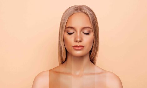 Close-up portrait of nice attractive blonde naked nude lady with pure perfect flawless smooth soft shine skin different color parts closed eyes bronze blusher isolated over pastel gray background