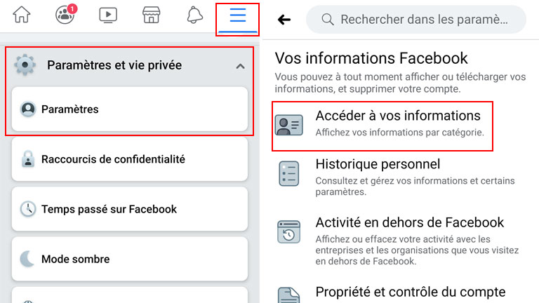 comment acc&eacute;der Vos informations Facebook application mobile