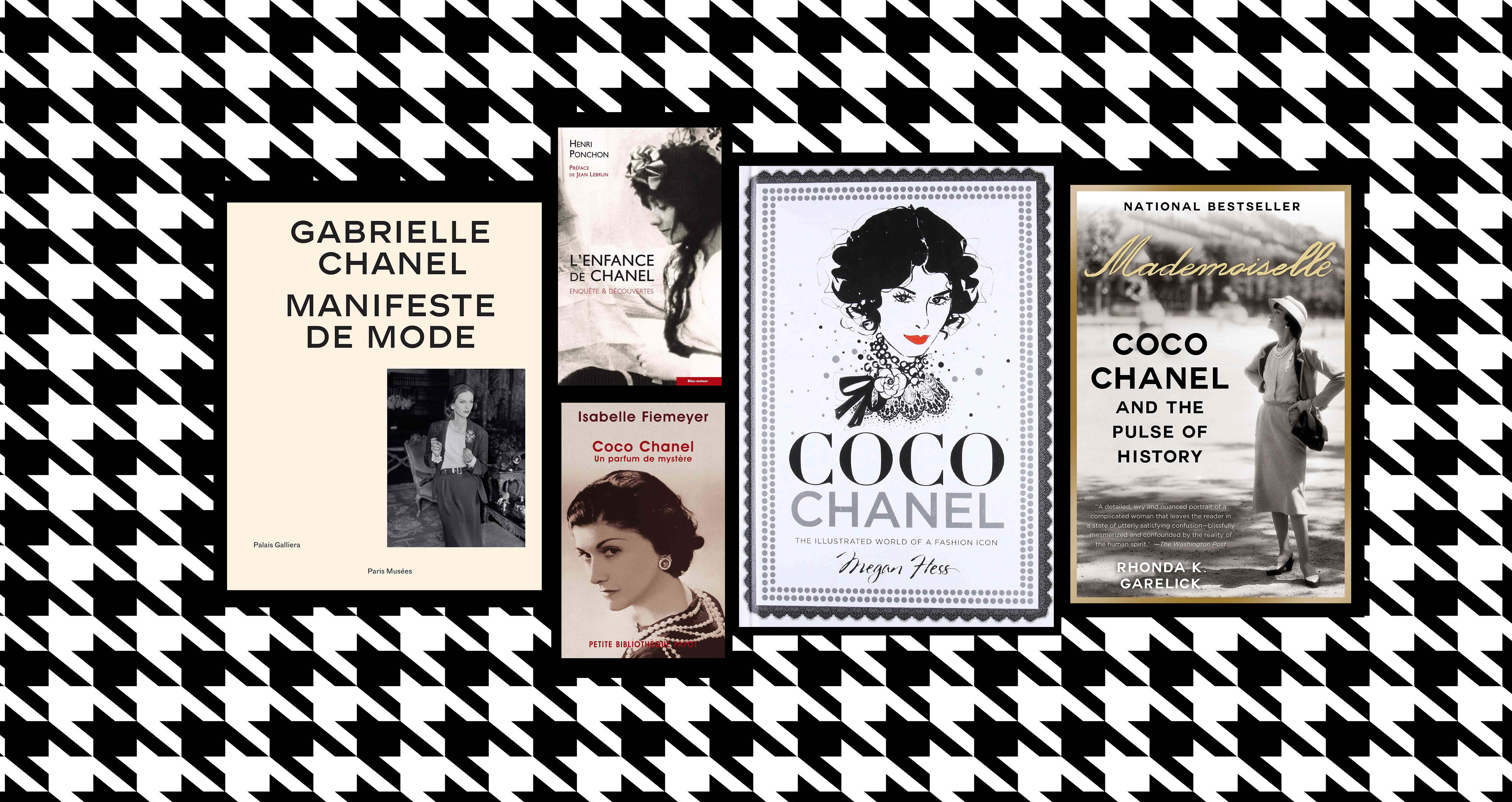 5 couverture de livres à propose de Coco Chanel sur fond pied de poule