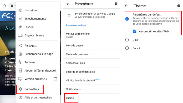 &Eacute;tapes comment activer mode sombre Google Chrome Android