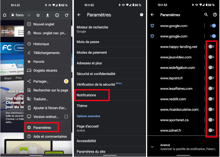 comment d&eacute;sactiver les notifications de site pour le navigateur Chrome sur Android