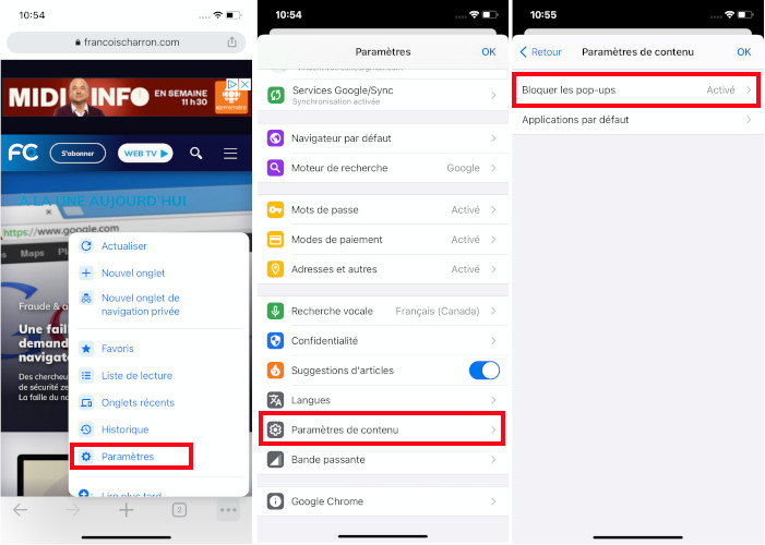 comment bloquer les pop-ups du navigateur Chrome sur iPhone