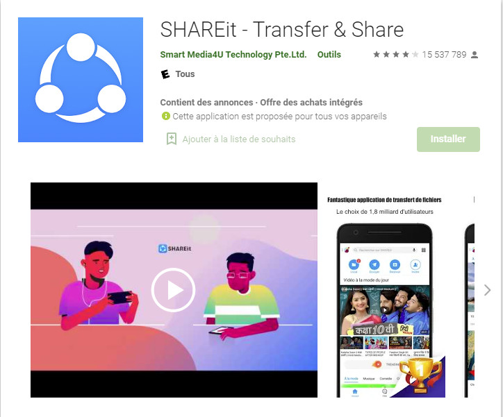Avec son nombre de téléchargements, SHAREit est une des applications les plus populaires au monde. Application SHAREit Android Play Store