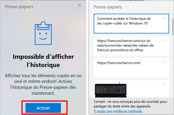 activer historique presse-papier