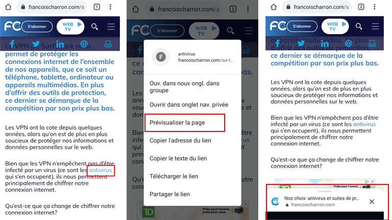 Aper&ccedil;u comment activer pr&eacute;visualisation pages Google Chrome Android