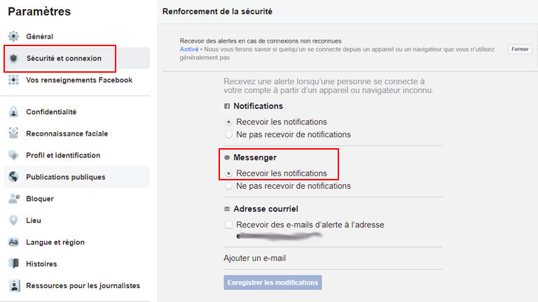 comment activer notifications messenger connexion suspecte