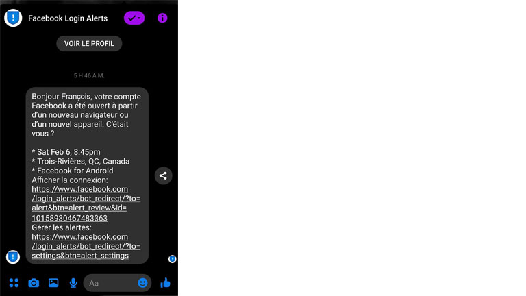 facebook login alerts aper&ccedil;u message re&ccedil;u